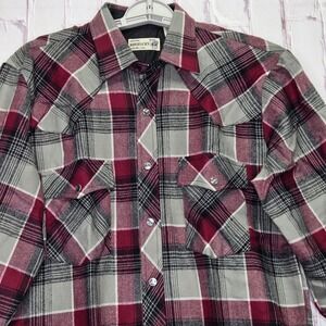 Vintage Roebucks Western Shirt Burgundy Plaid Pearl Snap Quilt Lined Mens M Tall